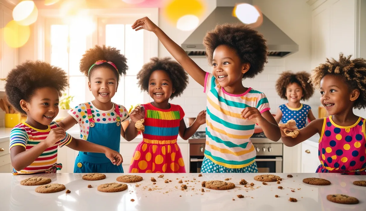 a group of children standing around a table with cookies