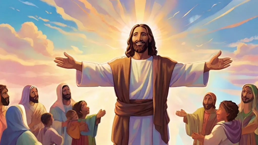 a painting of jesus standing in front of a group of people