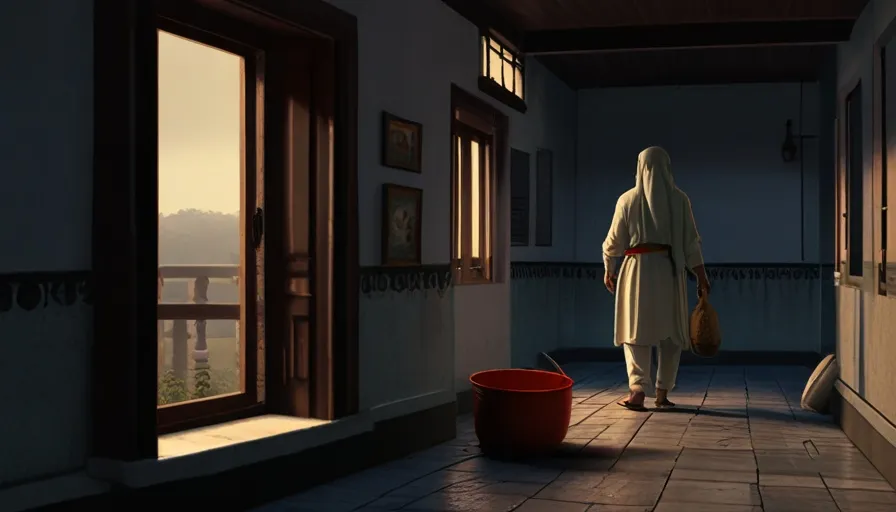 a person in a white robe walking down a hallway