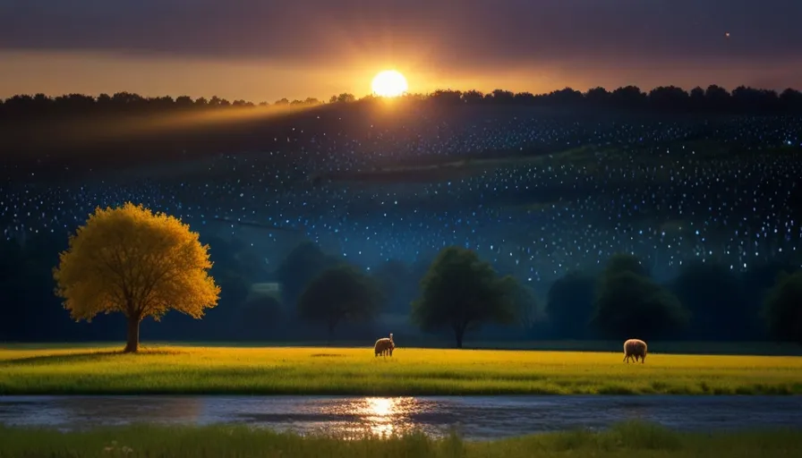 a painting of sheep grazing in a field at sunset