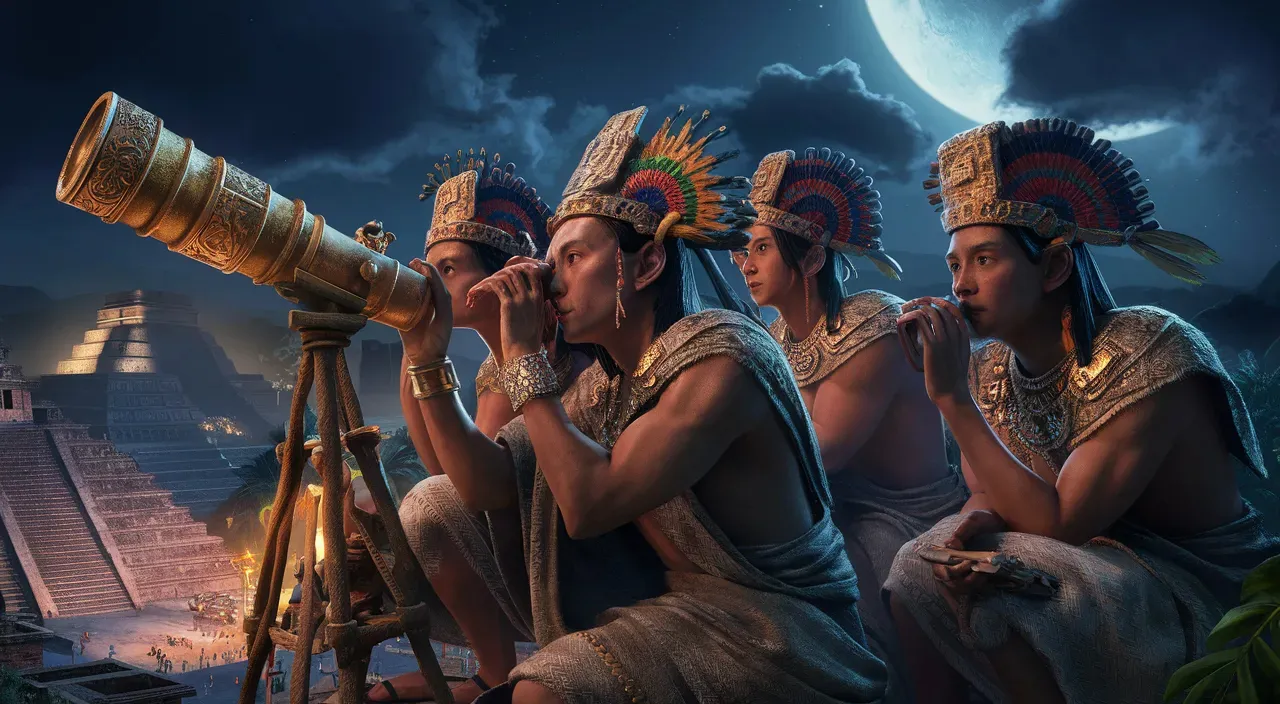 a group of people sitting next to each other near a telescope