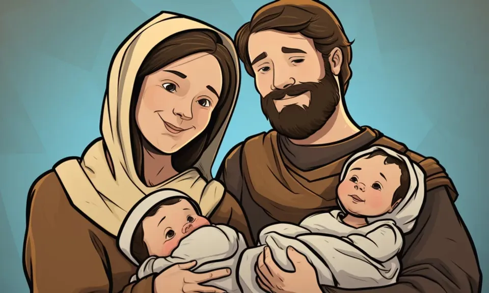 a cartoon of a man and woman holding a baby