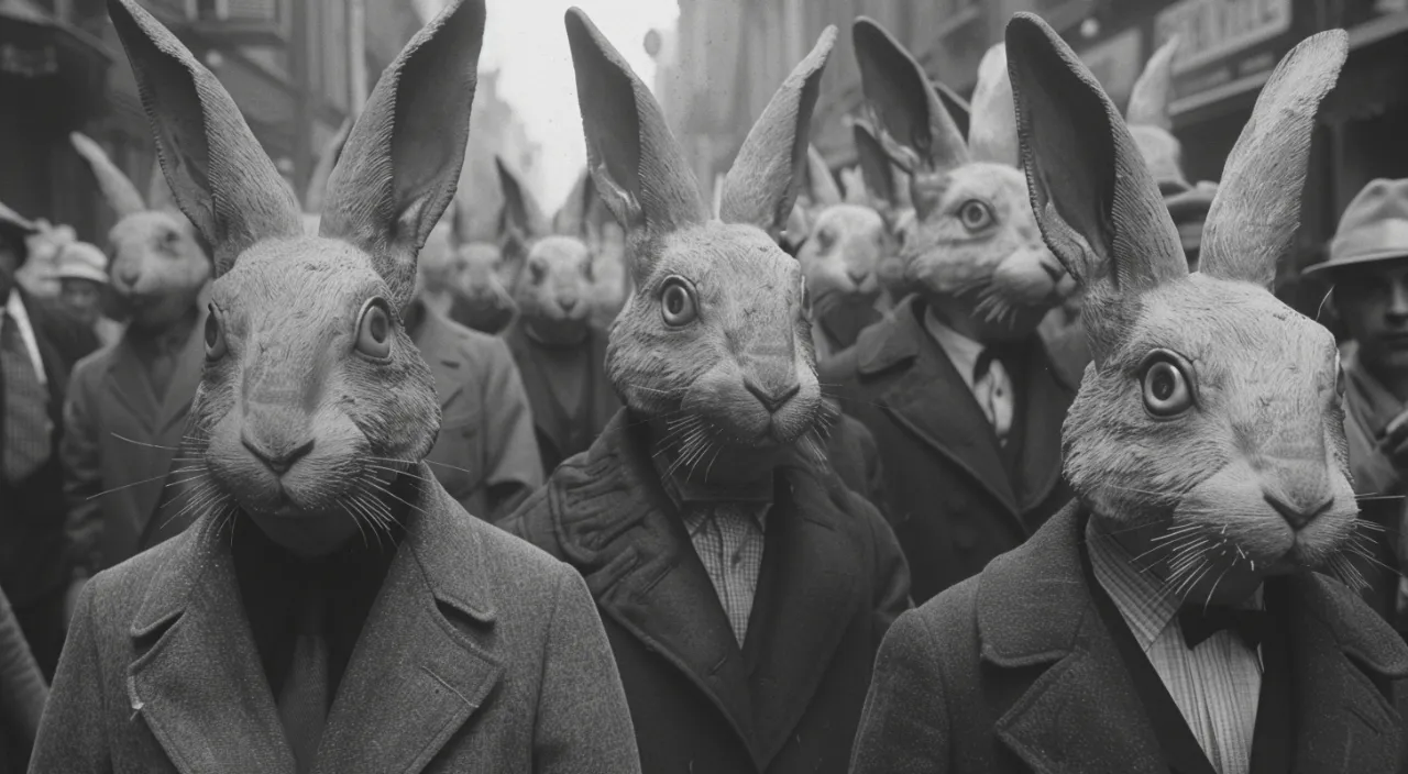 a group of rabbits wearing suits and hats