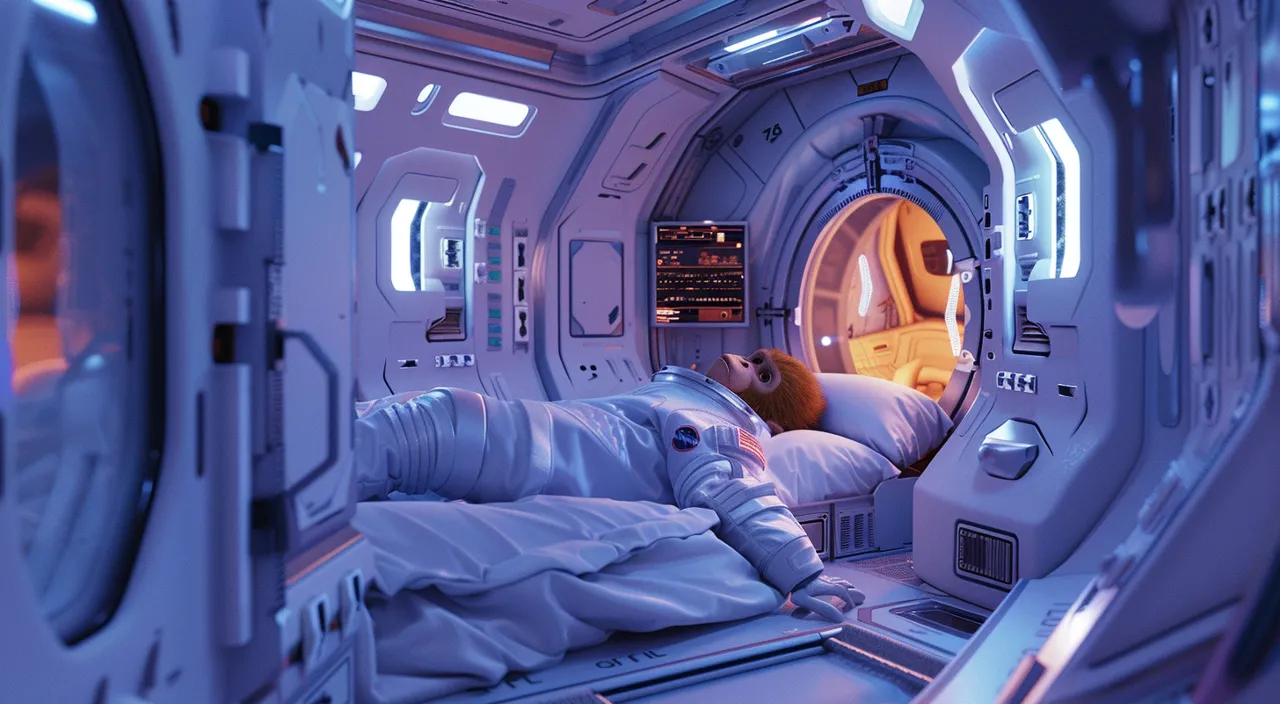 Monkey astronaut waking up in a spaceship bunk, futuristic interior, Pixar Style