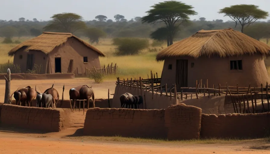 a herd of animals standing in front of a mud hut