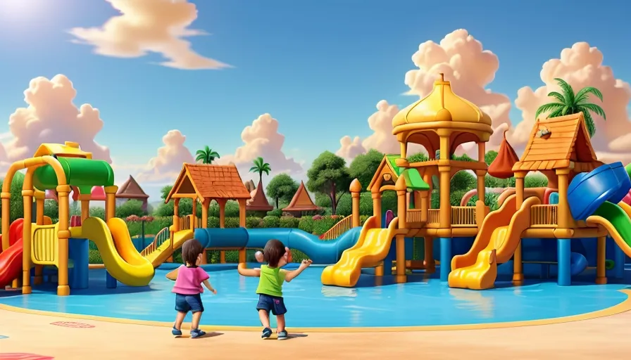 a couple of kids playing in a water park