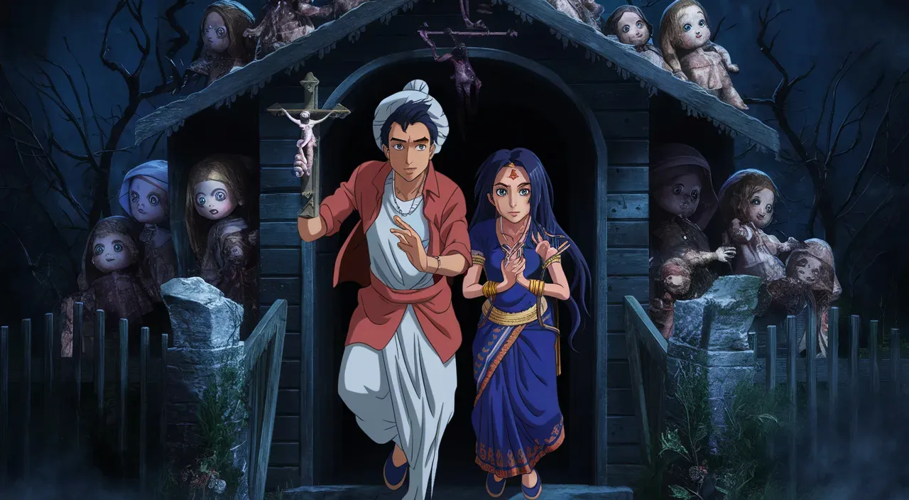 an animated scene of a man and woman in front of a house