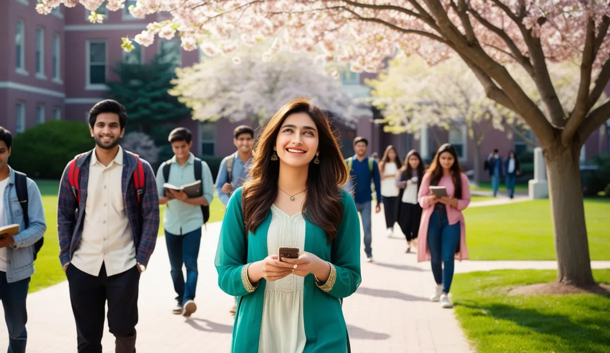 Campus Serenade: On a university campus, a Pakistani girl walking under a blossoming tree, a Bollywood song softly playing from her phone. The 4K wide shot captures students walking by and studying, but her smile and dreamy gaze reveal she is thinking about her boyfriend, who is attending a university in the United States, lost in her own romantic world.