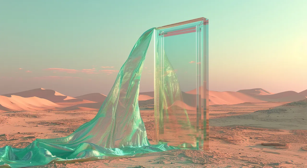  mirror gate in the desert and a delicate piece of fabric gently billows, carrying with it thin and softness. This is fabric