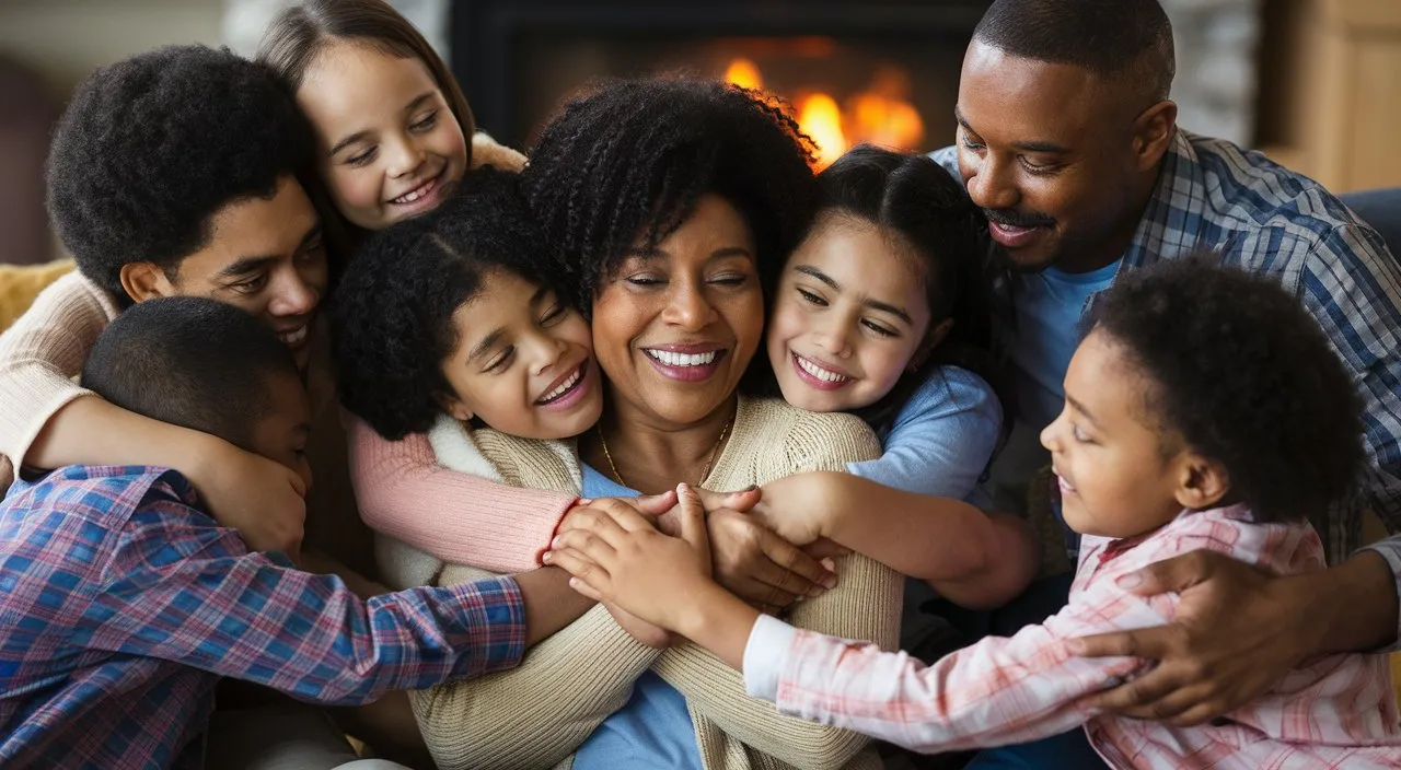 a group of people hugging each other in front of a fire place