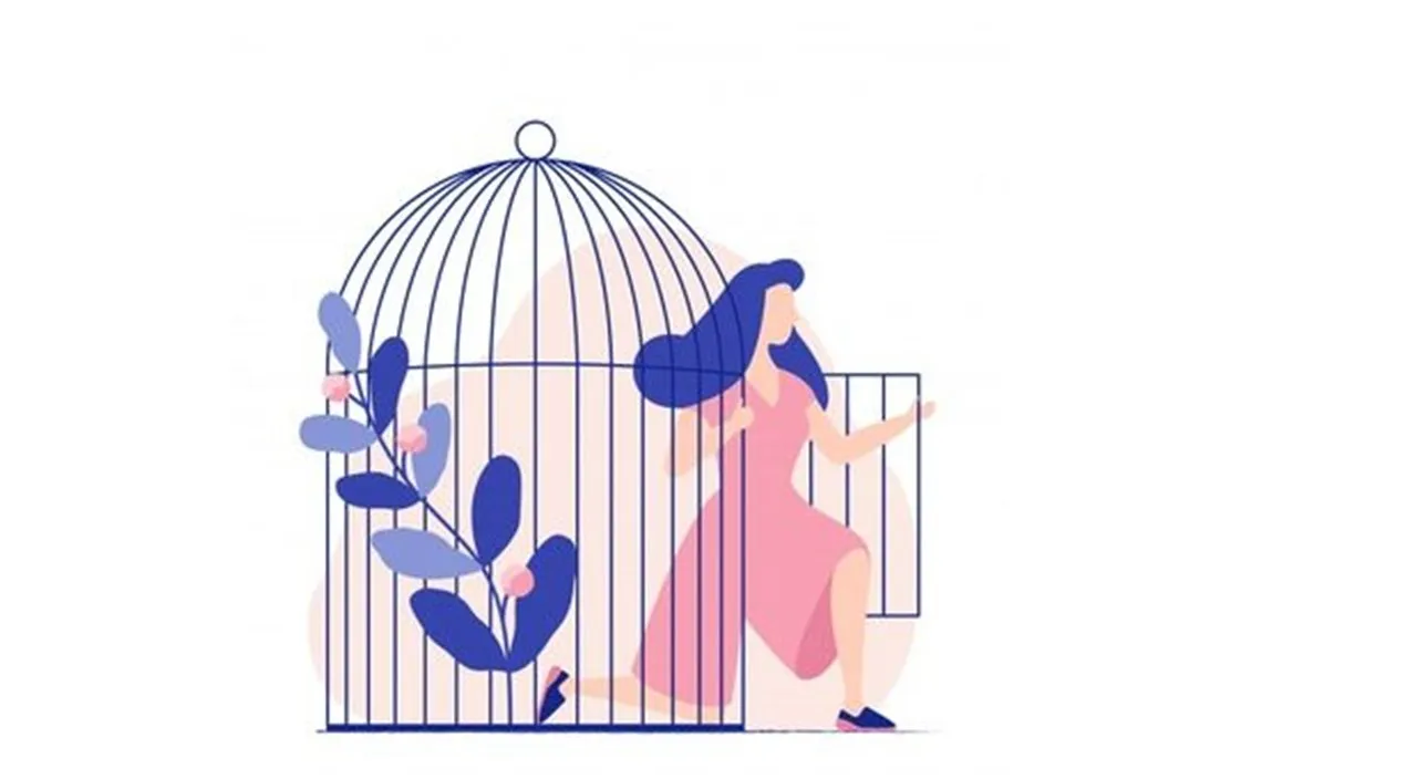 a woman in a pink dress is coming out of a cage