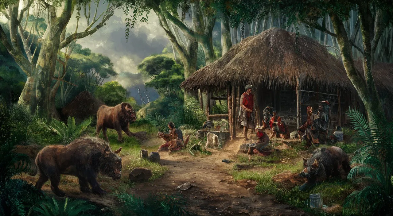 a painting of people and animals in a jungle