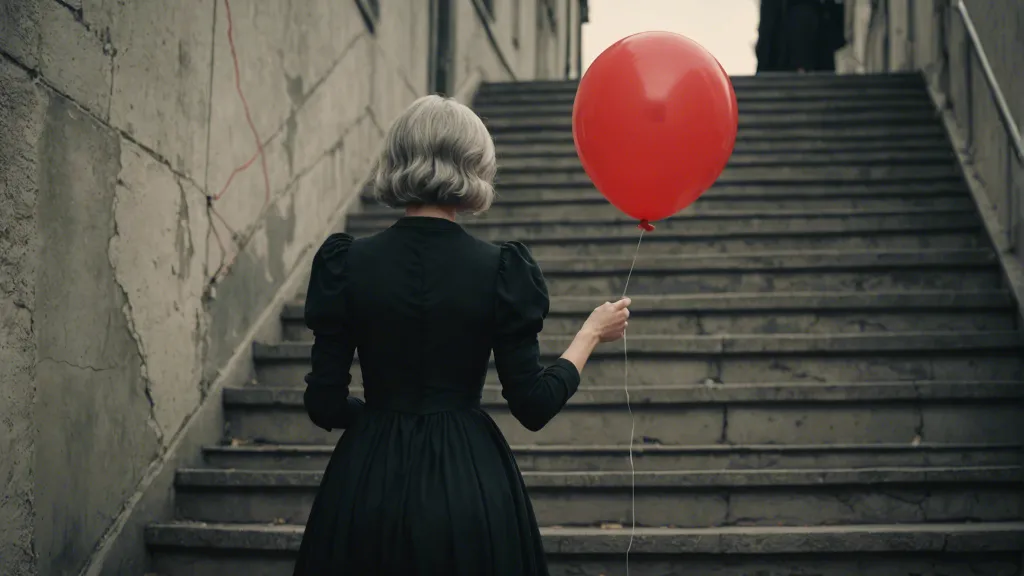 a woman in a black dress walking upstairs holding a red balloon