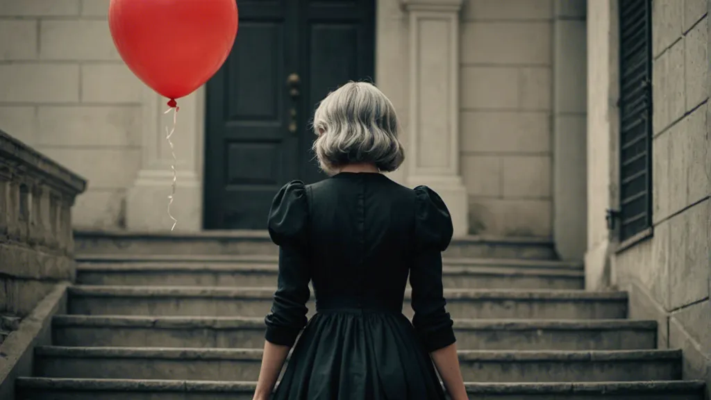 a woman in a black dress walking upstairs holding a red balloon