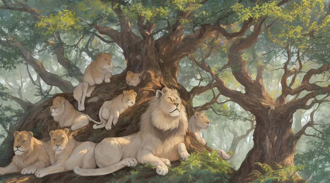 a pride of lions resting on a tree