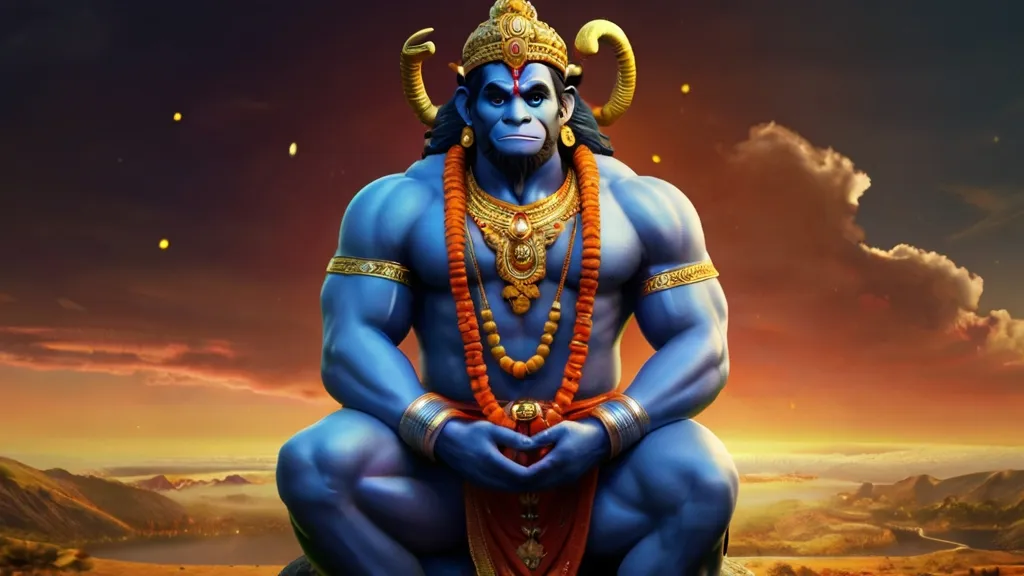 Create a god hanuman with a golden background, 8k, size of 1920x1080, colorful
