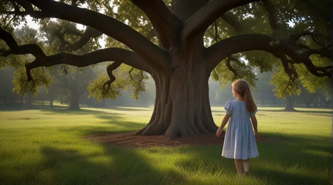 a little girl standing in front of a large tree