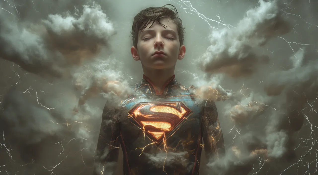 a 17 year old in a superman suit with lightning behind him