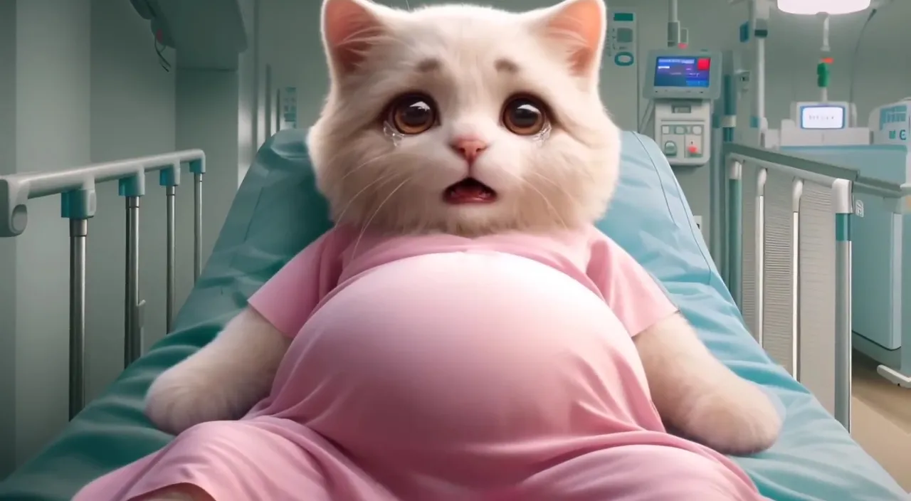 a white cat in a pink outfit laying in a hospital bed