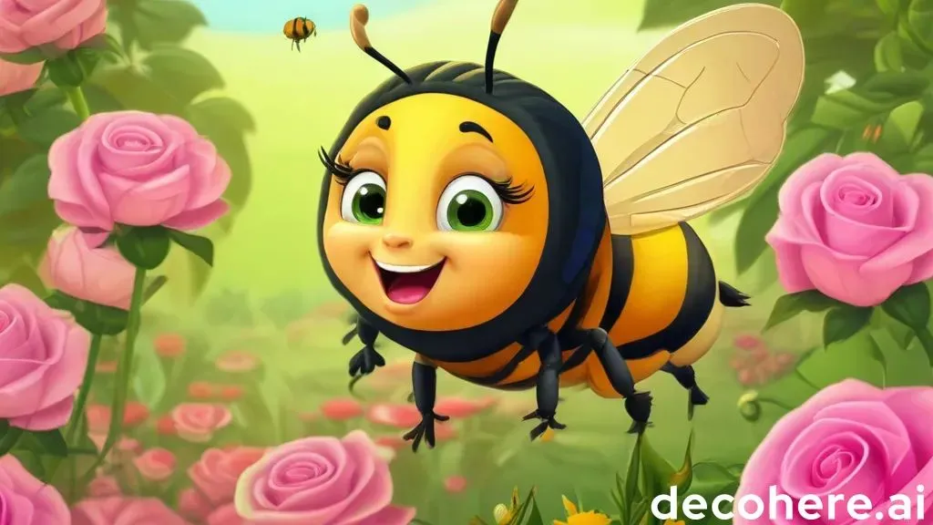 a cartoon bee flying through a field of pink roses