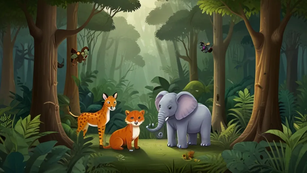 a group of animals dancing in a forest