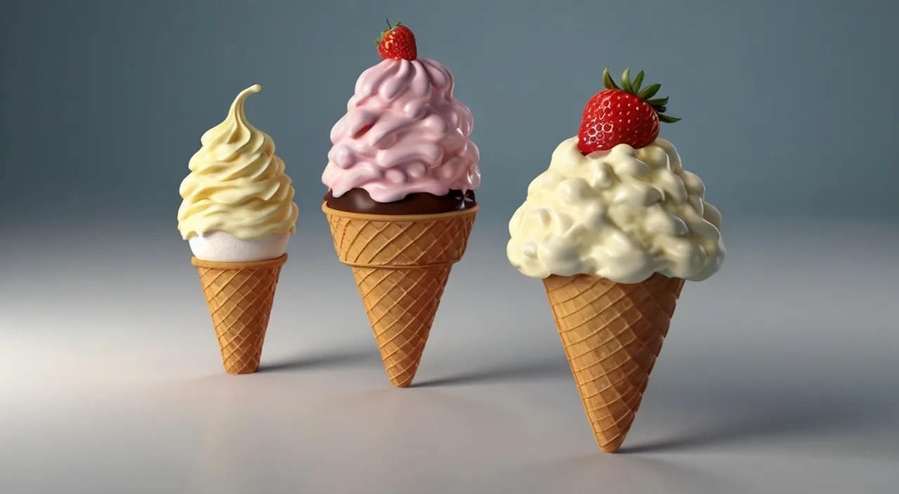 three ice cream cones with strawberries on top