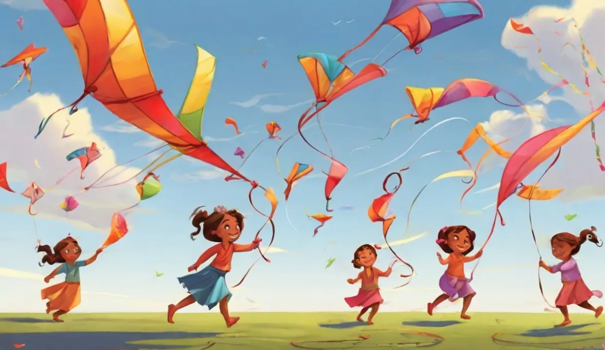 a group of children flying kites in a field