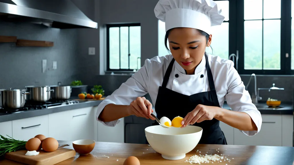 a woman in a chef's hat is mixing eggs in a bowl