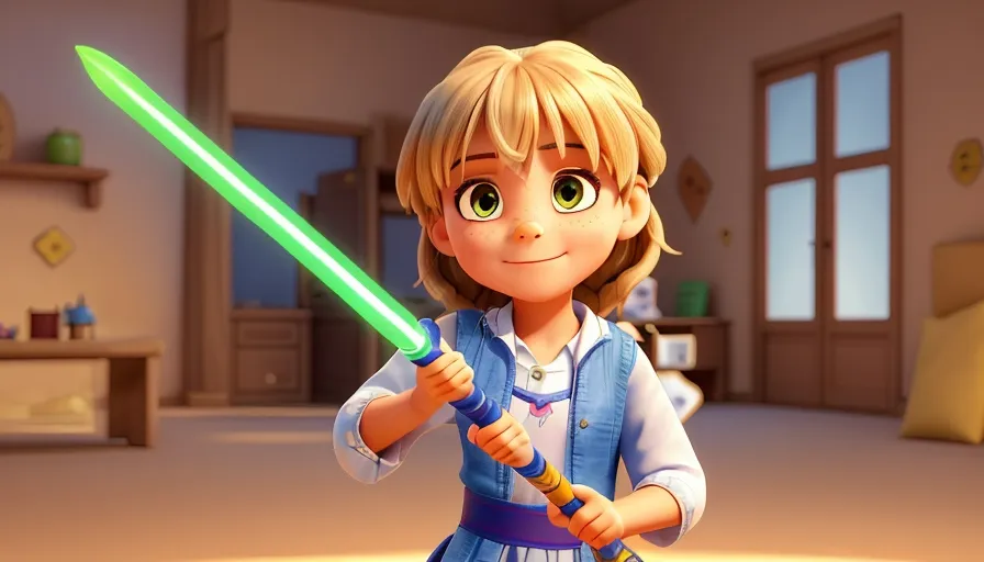 a cartoon character girl holding a green light saber, 3d animation