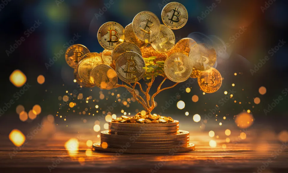 Falling money with golden background