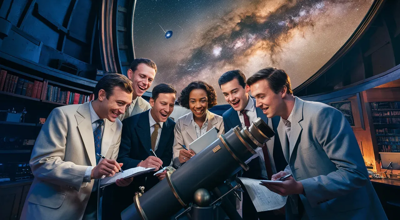 a group of people looking at a telescope