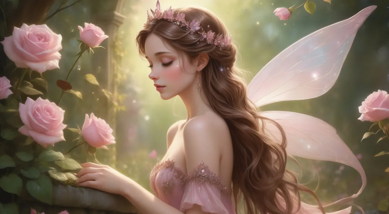 a painting of a fairy touching flowers with love