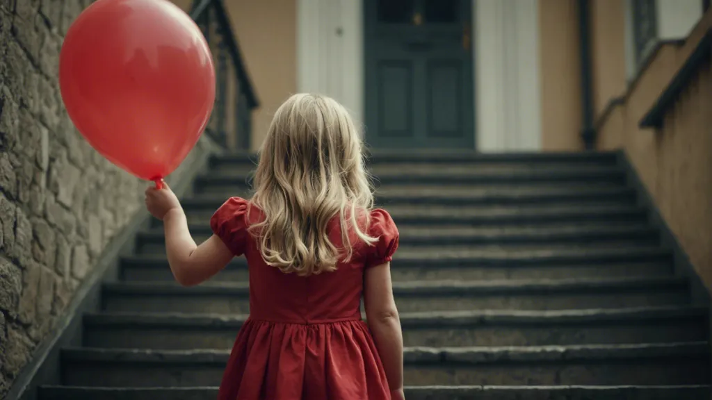 a little girl in a red dress walking upstairs holding a red balloon