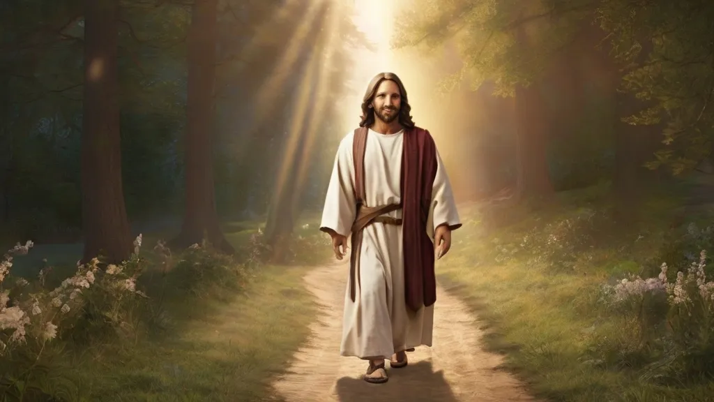 jesus walking down a path in the woods