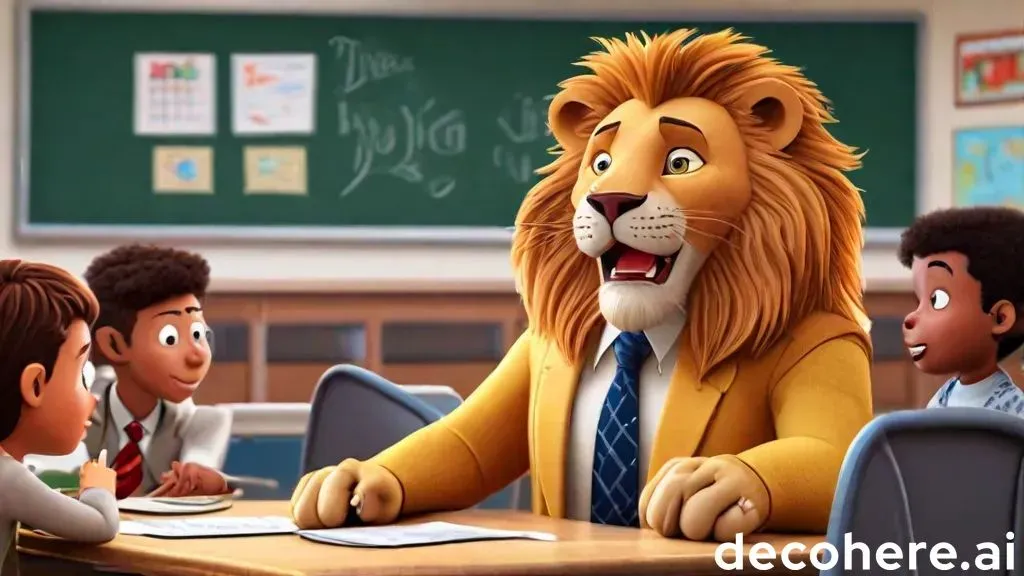 a group of children sitting around a table with a lion and the lion is talking to them moving his lips and mouth