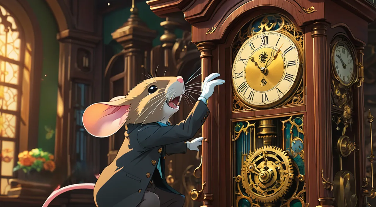 a mouse standing in front of a clock