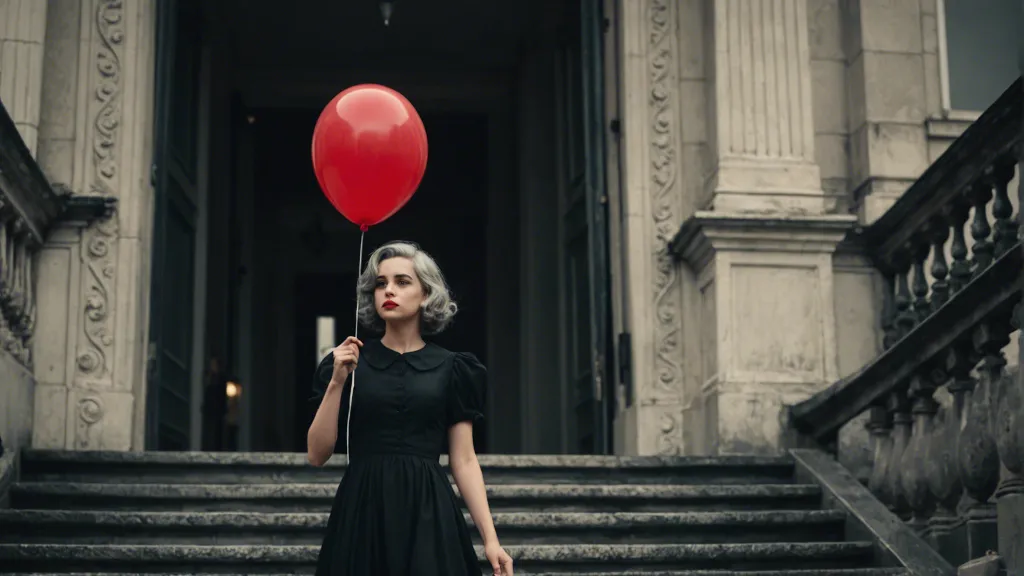 a woman in a black dress walking downstairs holding a red balloon