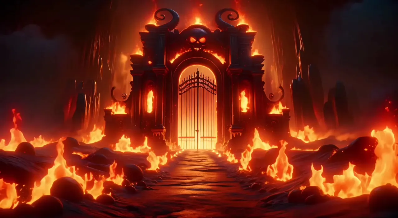 a large gate surrounded by fire and lava