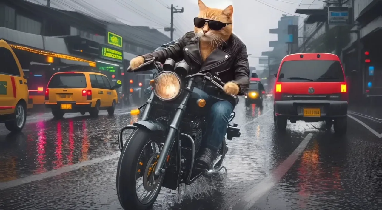 a cat is riding a motorcycle in the rain