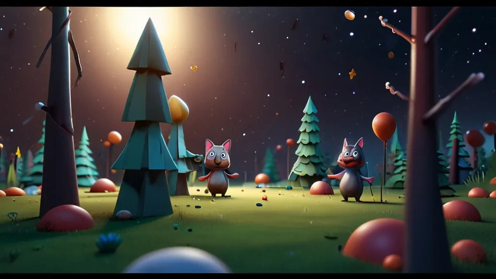 an animated scene of a forest at night