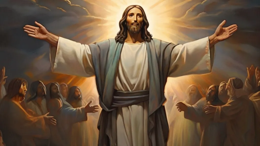 a painting of jesus with his arms outstretched