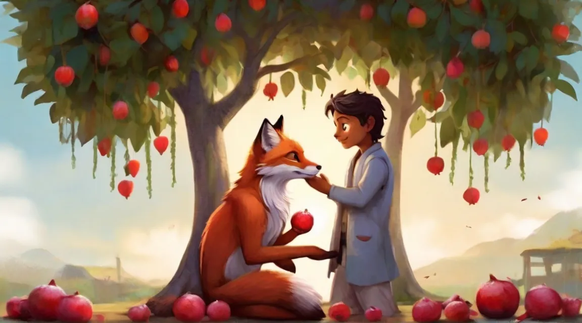 a painting of a boy and a fox in front of pomegranate tree