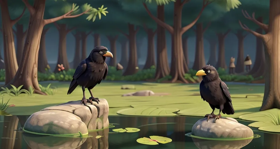 two black birds sitting on a rock in a swamp