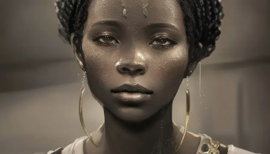 a 30-year-old woman from African village standing before a hut