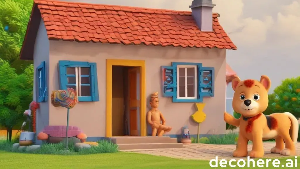 a cartoon dog standing in front of a house