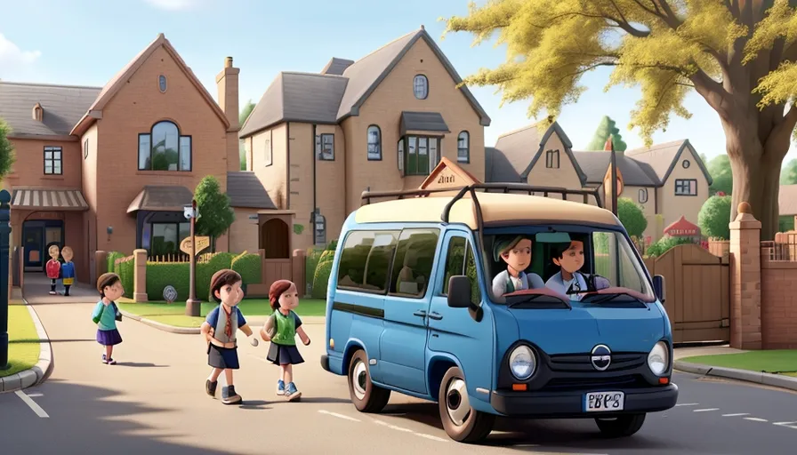 a group of children crossing a street in front of a blue van