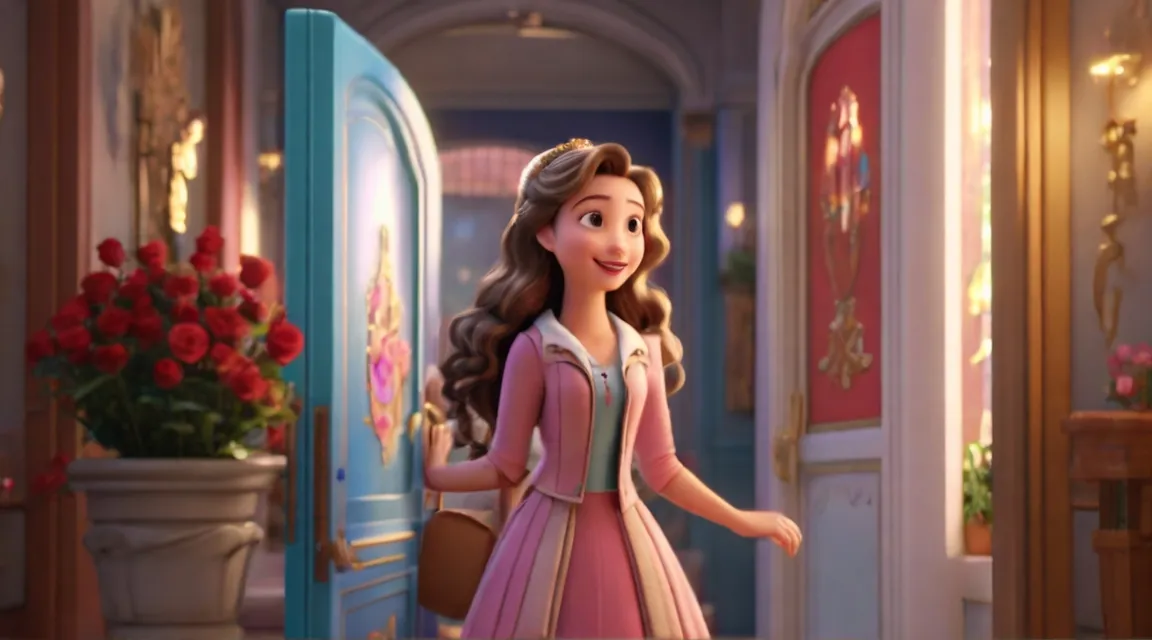 a young girl in a pink dress entering a hallway