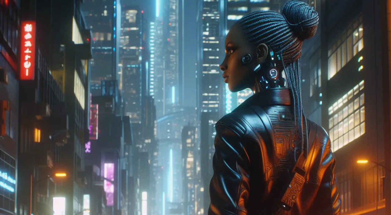 a woman in a futuristic city at night