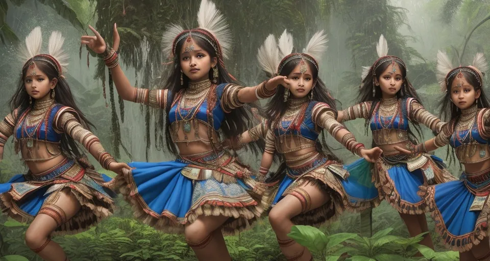 a group of young girls dancing in a forest