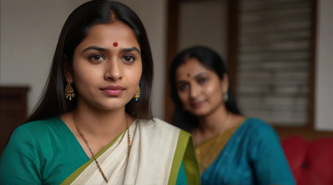 a woman in a green and white sari standing next to a woman in a